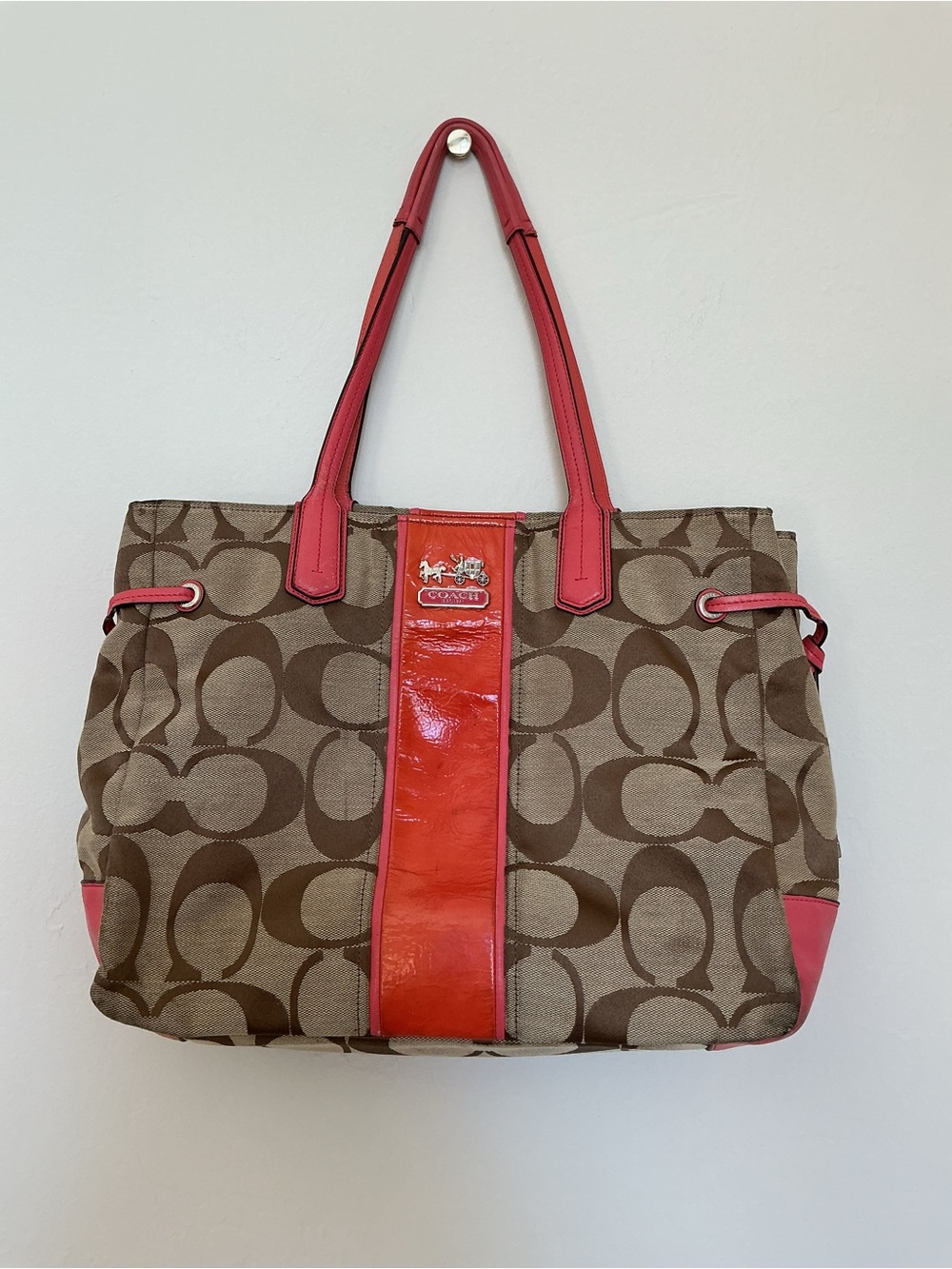 Coach Chelsea Signature Stripe Charlie Tote Khaki Coral Patent Leather Bag
